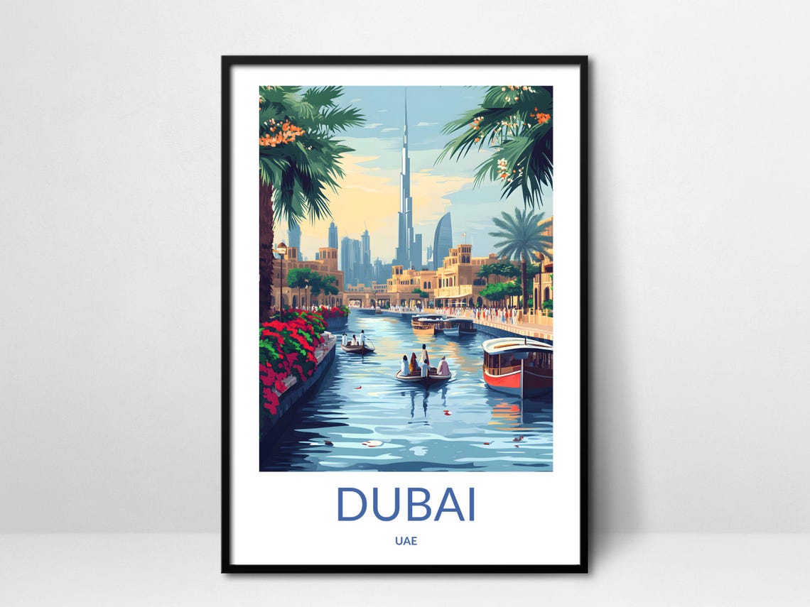 Dubai Old Town Canal Abra Boats Burj Khalifa Skyline UAE Poster