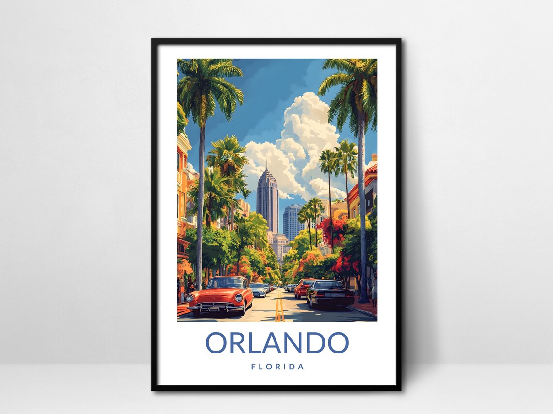 Orlando Florida Vintage Downtown Poster Palm Street Classic Car Artwork