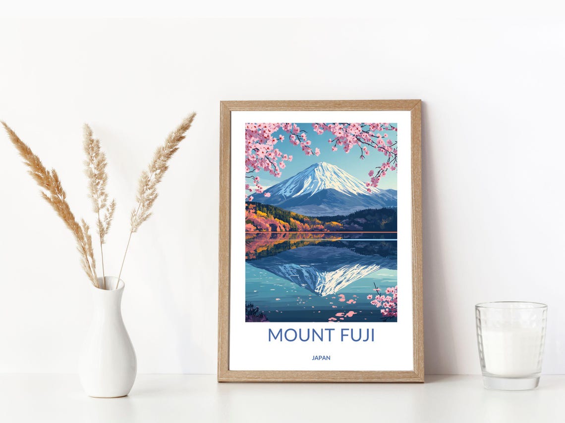 Mount Fuji Japan Cherry Blossoms Lake Reflection Travel Poster - Image 3