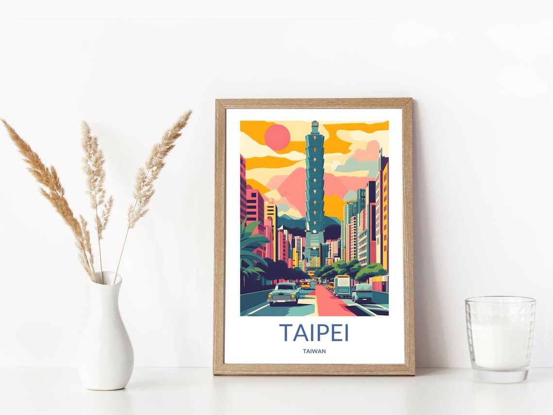 Taipei 101 Tower Pink Sunset City Road Retro Vintage Travel Poster - Image 3