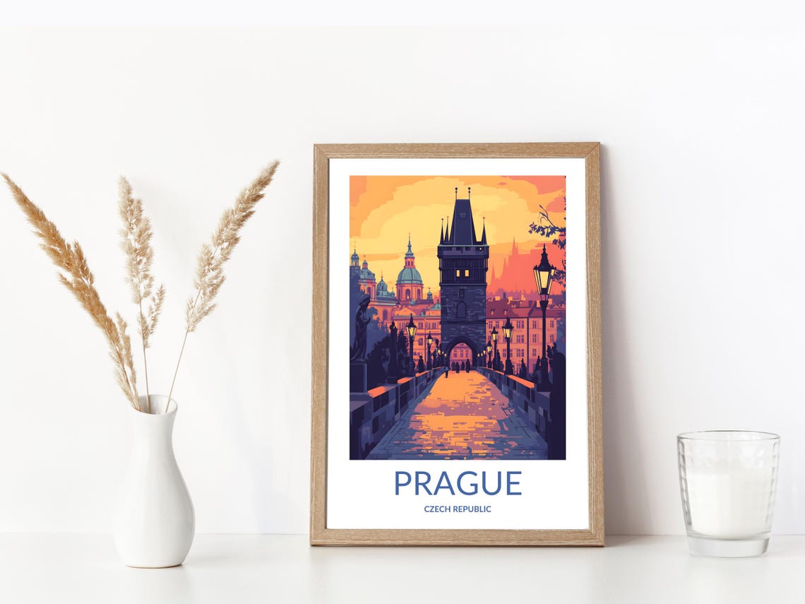 Prague Czech Republic Charles Bridge Sunset Vintage Travel Poster - Image 3