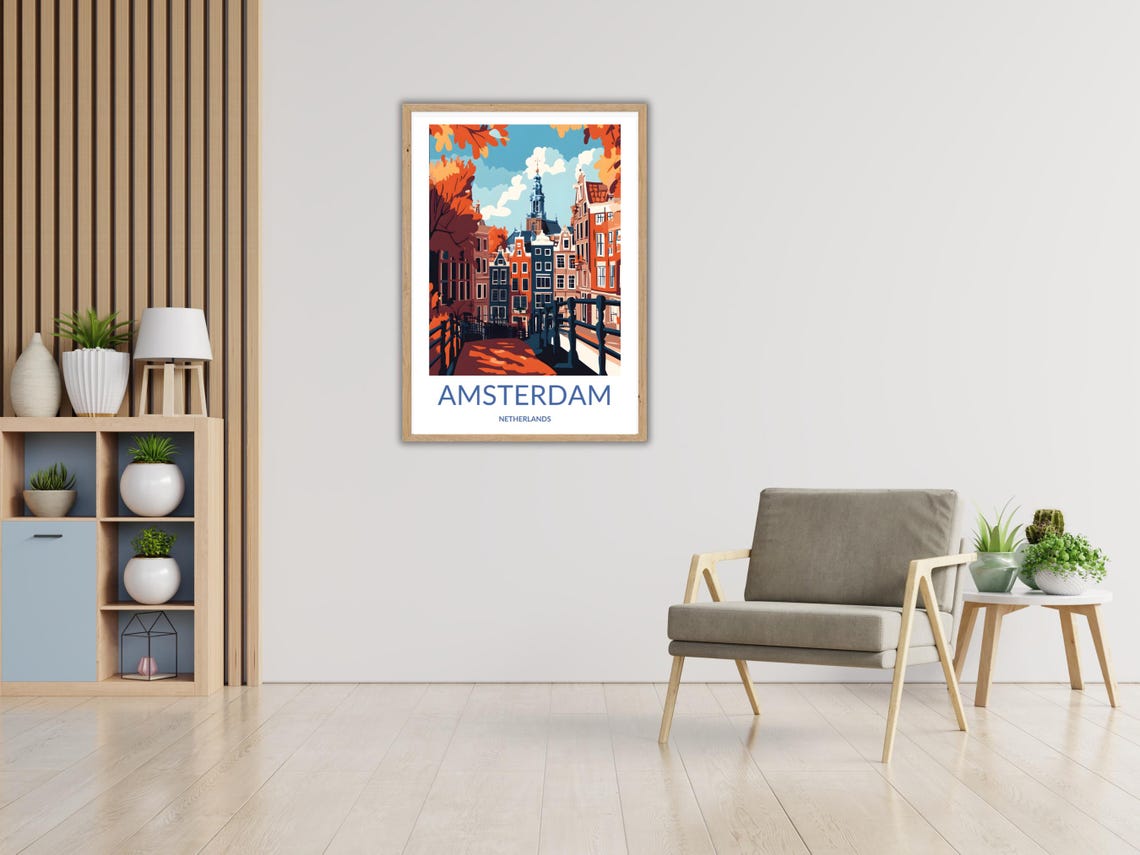 Amsterdam Autumn Bridge Red Trees Church Tower Fall Colors Poster - Image 3