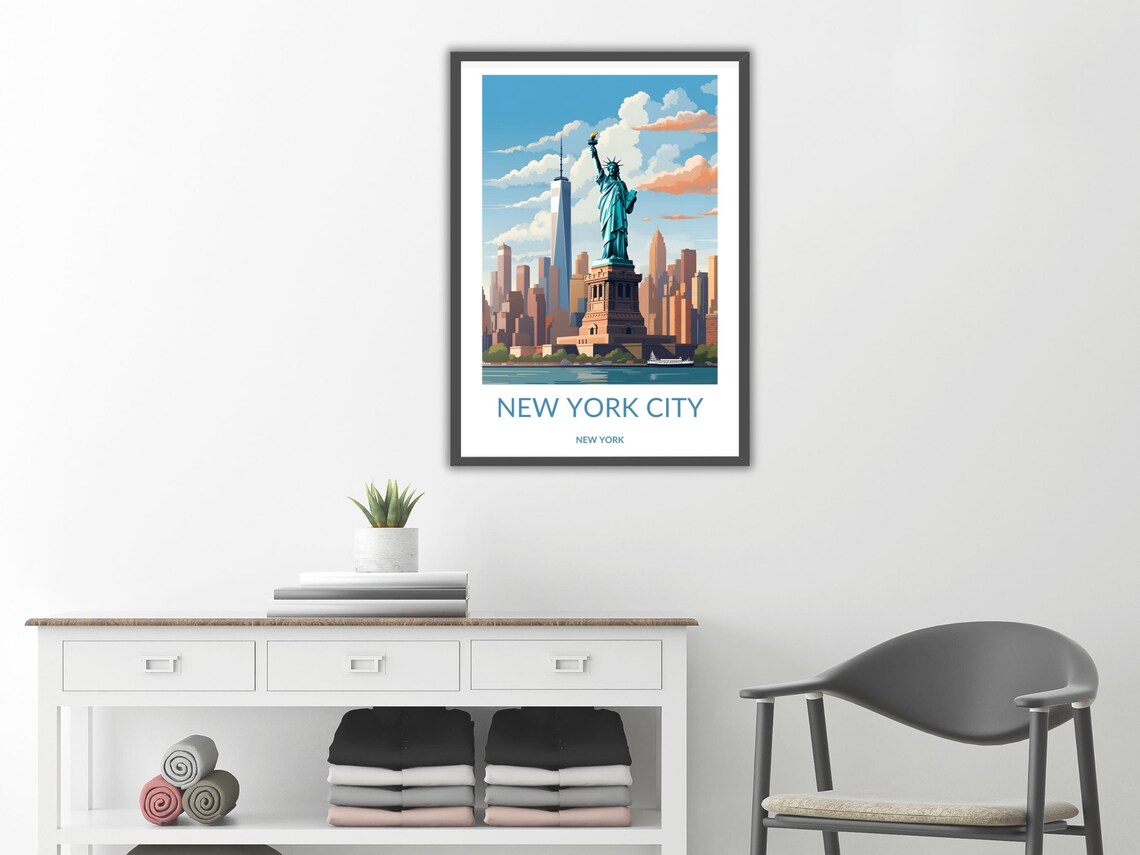 New York City Statue Of Liberty Blue Sky Skyline Travel Poster - Image 2