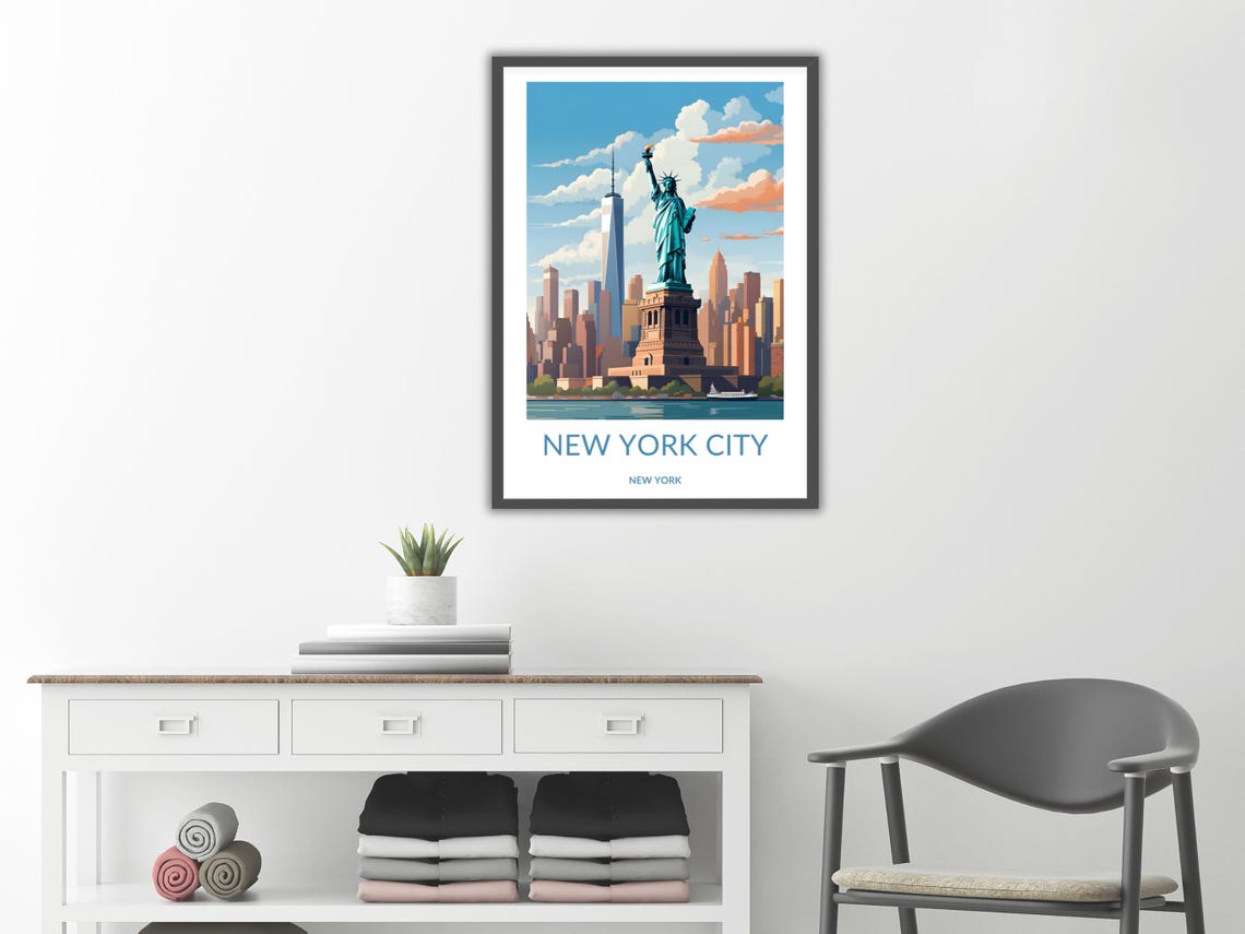 Statue Of Liberty And New York City Skyline Poster Iconic Nyc Landmark Wall Art New York City Travel Poster - Image 2