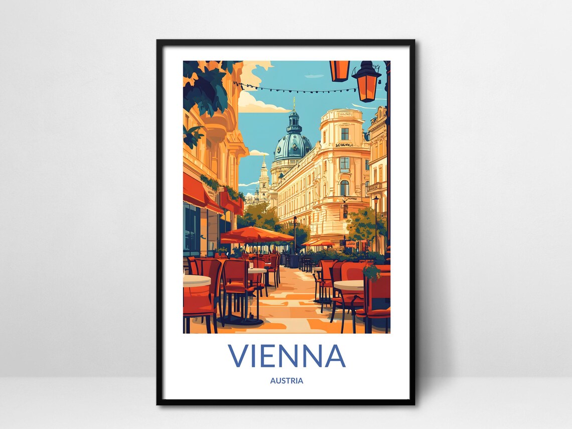 Vienna Cafe Poster Austria Cityscape Art European Street Scene Vienna Outdoor Seating Historic City Decor Travel Wall Decor