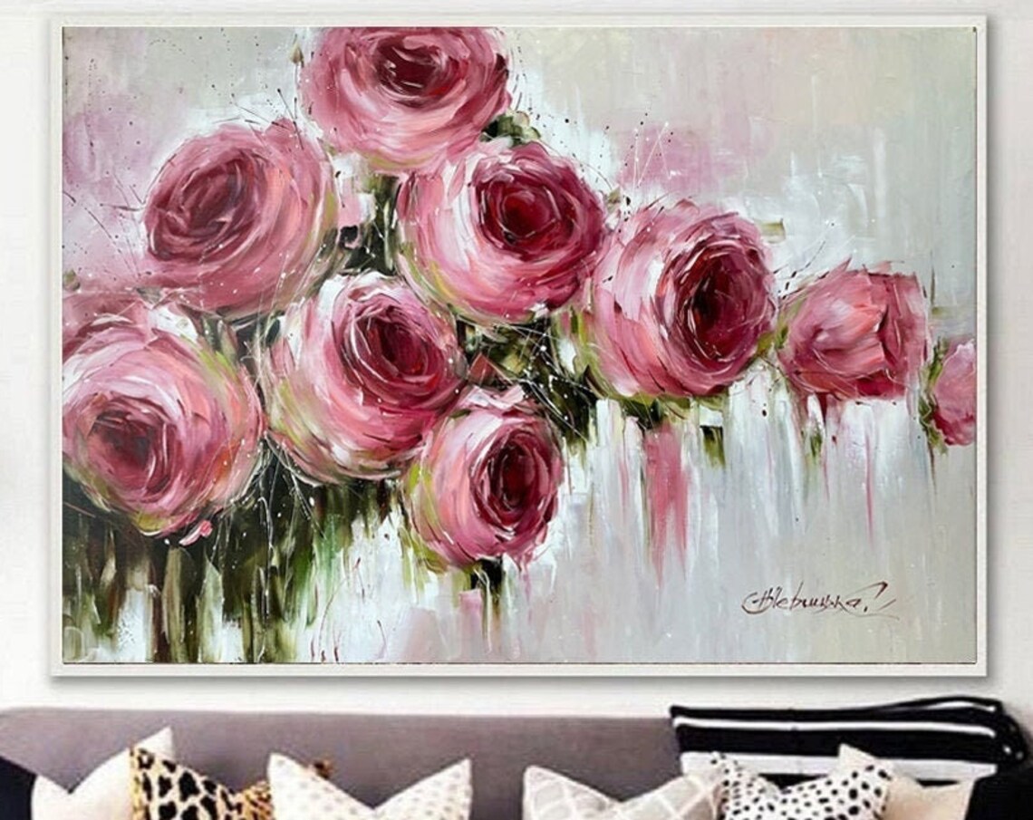 Pink Roses Oil Painting, Abstract Floral Art Print - Image 3