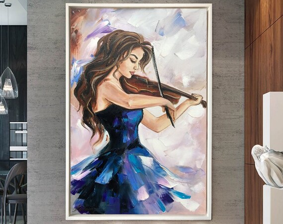 Beautiful Woman Playing Violin In Blue Dress Music Art Painting