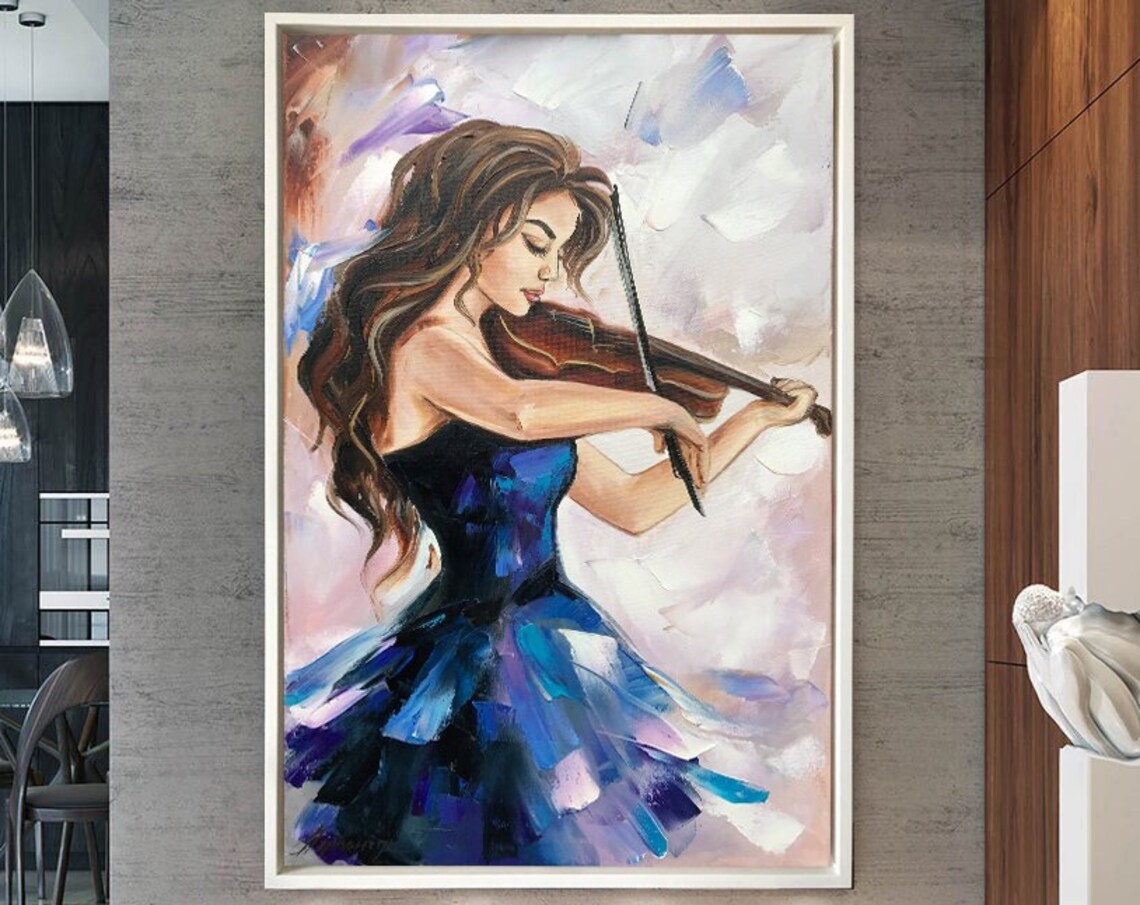 Beautiful Woman With Violin Oil Painting Abstract Girl Wall Art Young Lady Gift Music Art Luxury Painting Royal Blue Wall Art Musician Decor