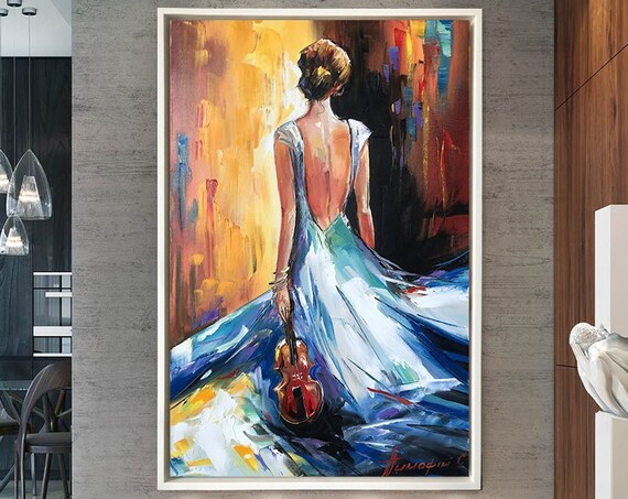 Elegant Woman In Flowing Gown Holding Violin Abstract Orange Print