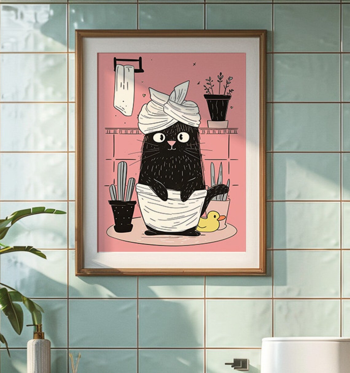 Black Cat in Towel Turban Spa Day Rubber Duck Bathroom Poster - Image 3