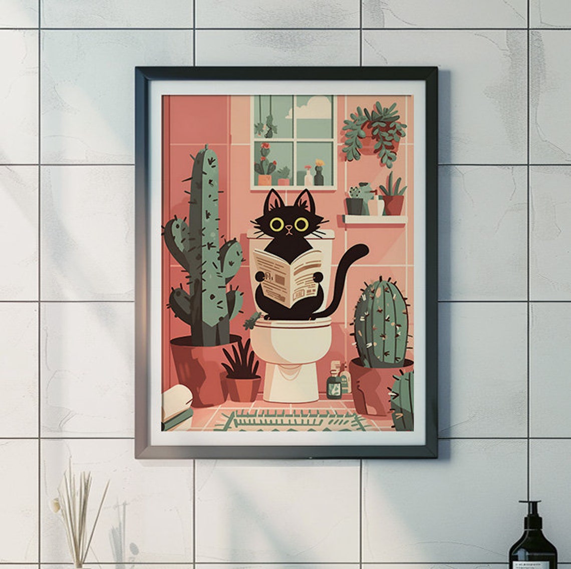 Black Cat Reading Paper on Toilet Between Cacti Funny Poster - Image 2