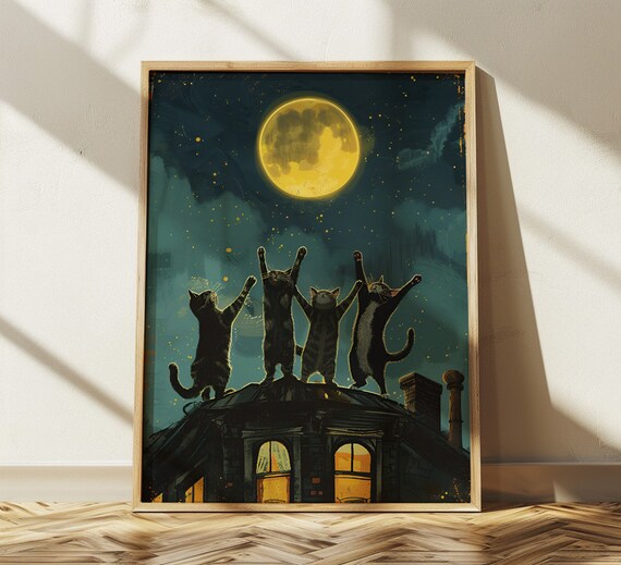 Four Cats On Rooftop Reaching For The Full Moon Night Poster