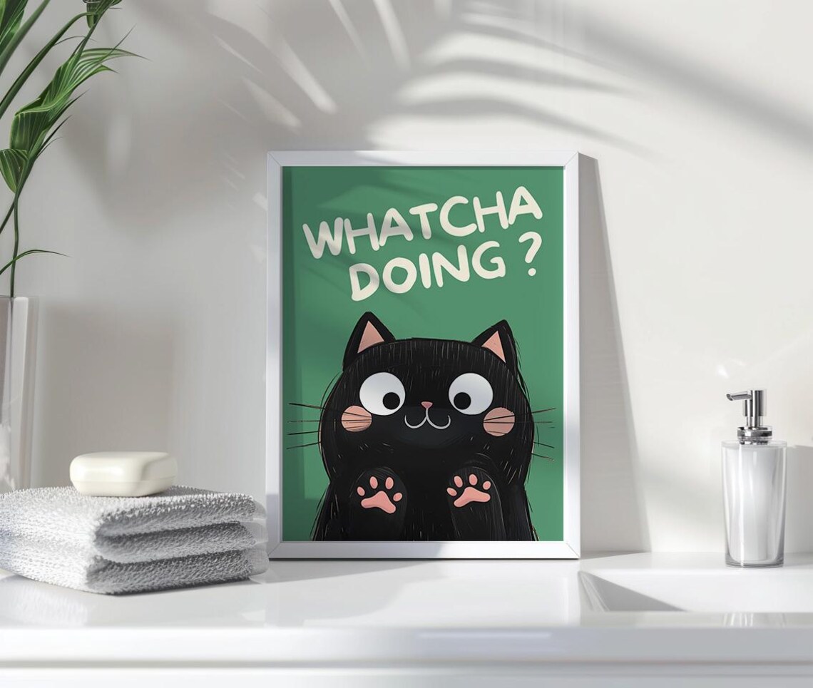 Cute Black Cat at the Window, Bathroom Wall Art Print - Image 3