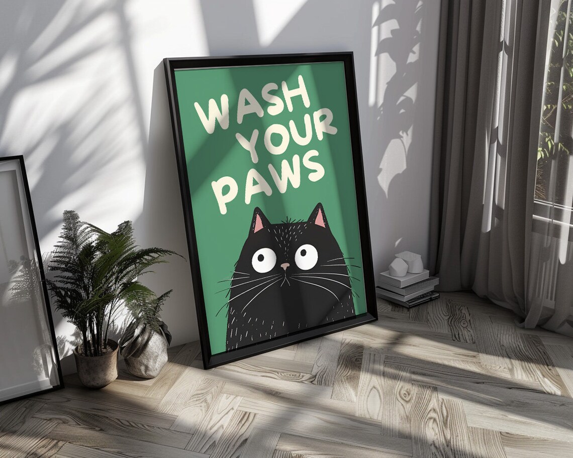 Black Cat Wash Your Paws Bathroom Vintage Poster - Image 3