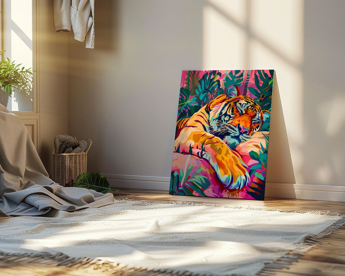 Sleeping Tiger Colorful Pop Art Jungle Leaves Bedroom Poster - Image 3