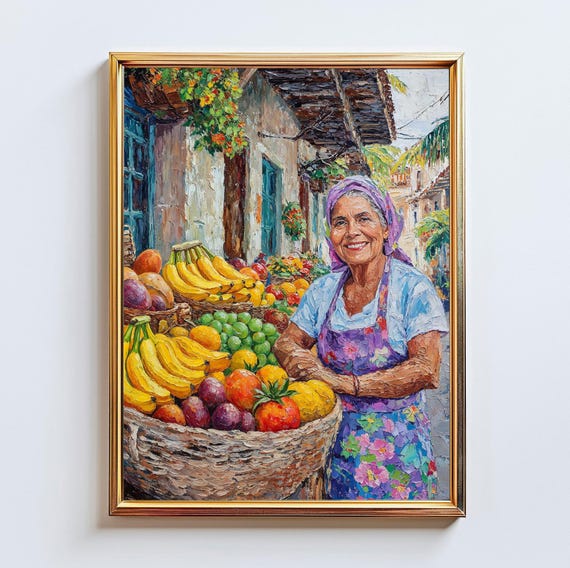 Colombian Fruit Market Seller Latin America Street Scene Impasto Painting Caribbean Wall Art