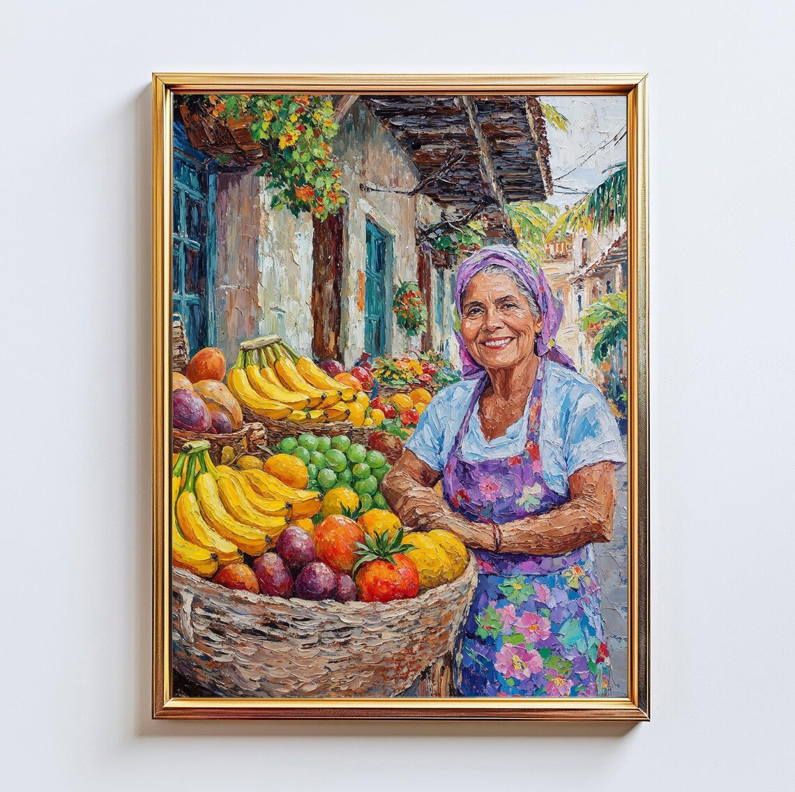 Smiling Fruit Seller With Baskets of Bananas at a Street Market Poster