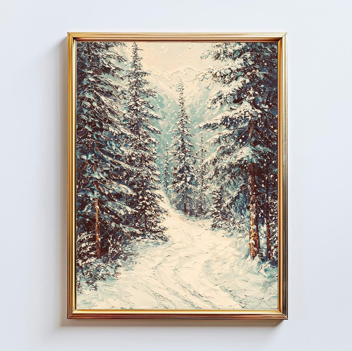 Snowy Pine Forest Path Winter Impasto Landscape Painting Poster