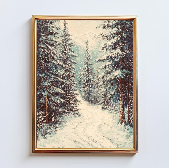 Snowy Pine Forest Path Winter Impasto Landscape Painting Poster