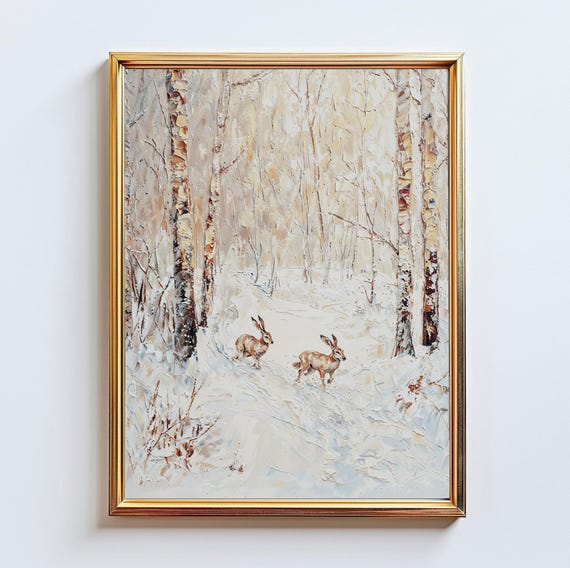 Winter Hares Impasto Painting Snowy Birch Forest Print