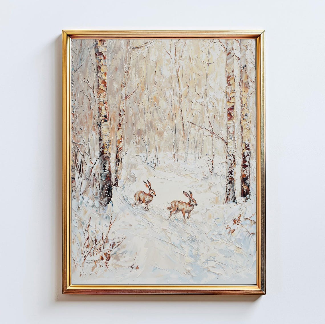 Winter Hares Snowy Birch Forest Impasto Wildlife Painting Poster