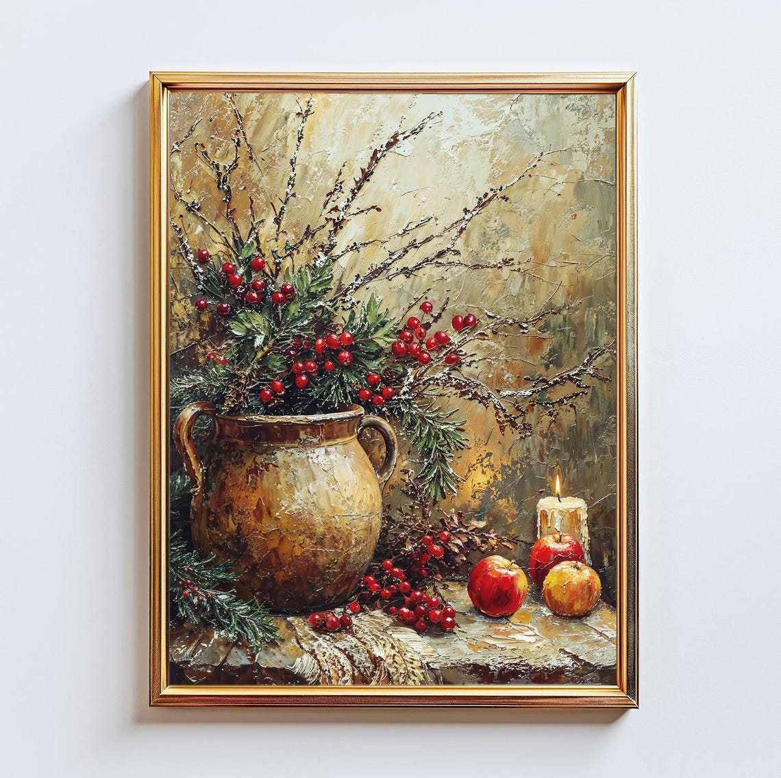Vintage Christmas Still Life Red Berries Ceramic Jug Candle Art Poster