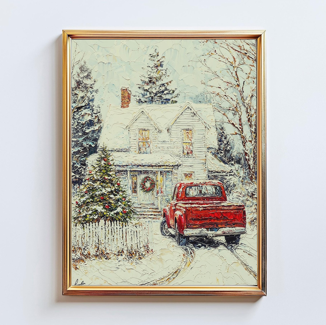 Vintage Red Truck Snowy Farmhouse Christmas Impasto Winter Art Poster