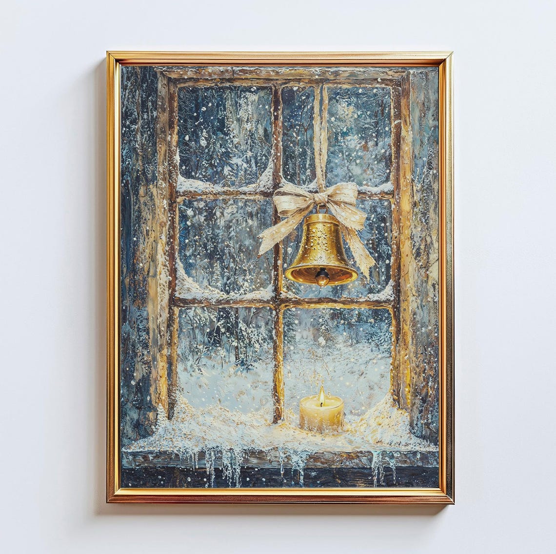 Golden Christmas Bell Snowy Window Candle Vintage Winter Scene Poster
