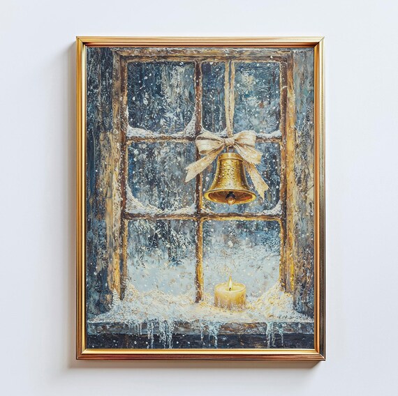 Golden Christmas Bell Snowy Window Candle Vintage Winter Scene Poster