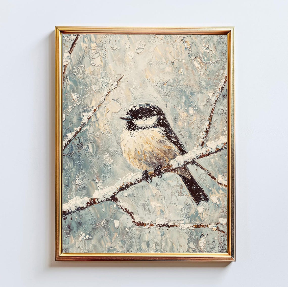 Sweet Chickadee Snowy Branch Winter Impasto Bird Painting Poster