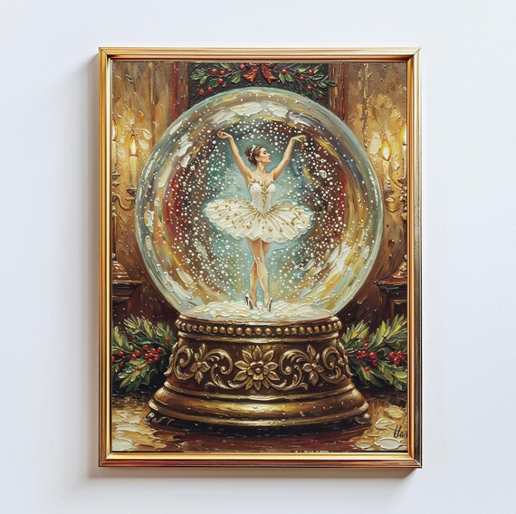 Ballerina Snow Globe Christmas Oil Painting Holiday Dancer Scene Poster