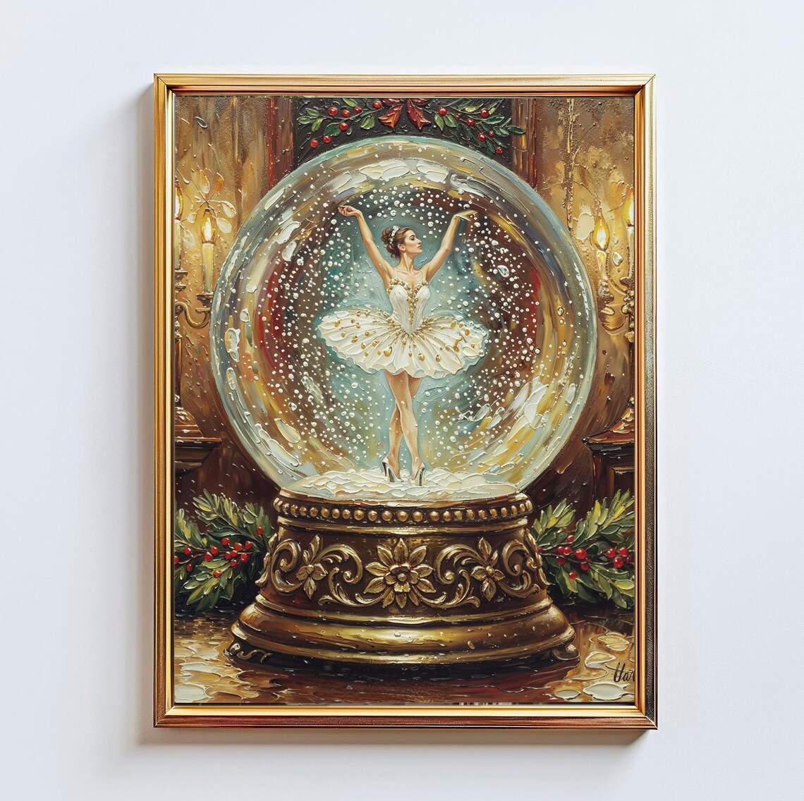 Ballerina Snow Globe Christmas Oil Painting Holiday Dancer Scene Poster