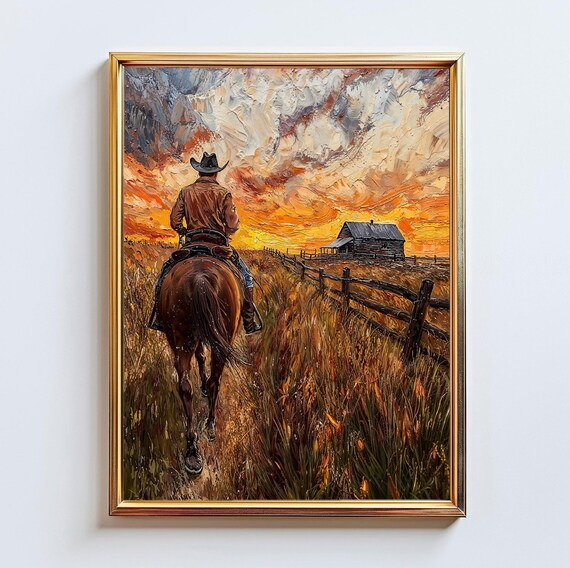 Lone Rider on Horseback Heading Into a Fiery Sunset Past a Rustic Cabin Poster