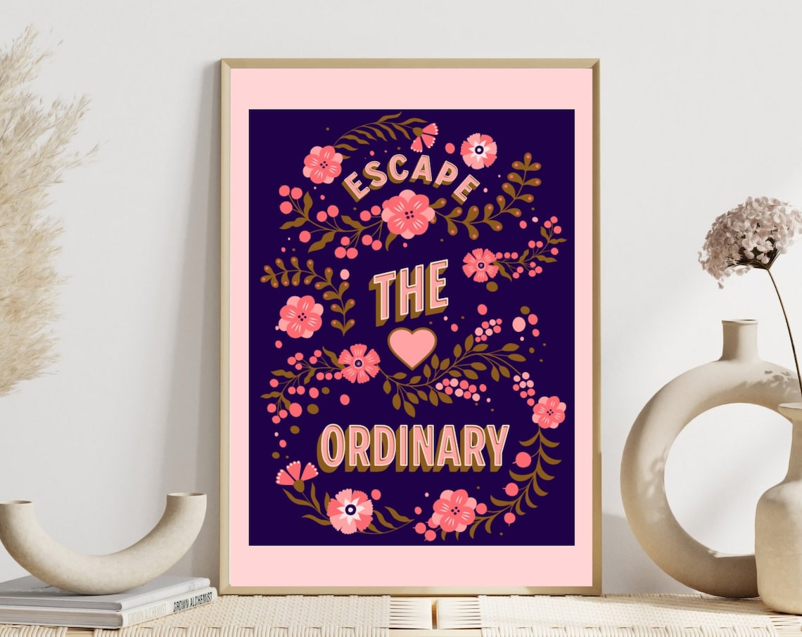 Escape the Ordinary Folk Floral Adventure Quote Poster in Navy