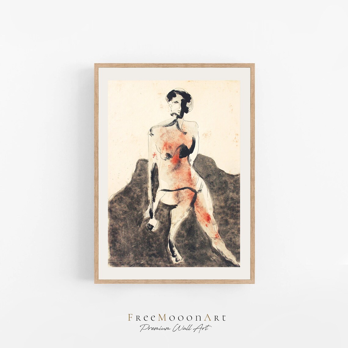 Expressive Abstract Nude Female Figure Ink and Wash Painting Poster
