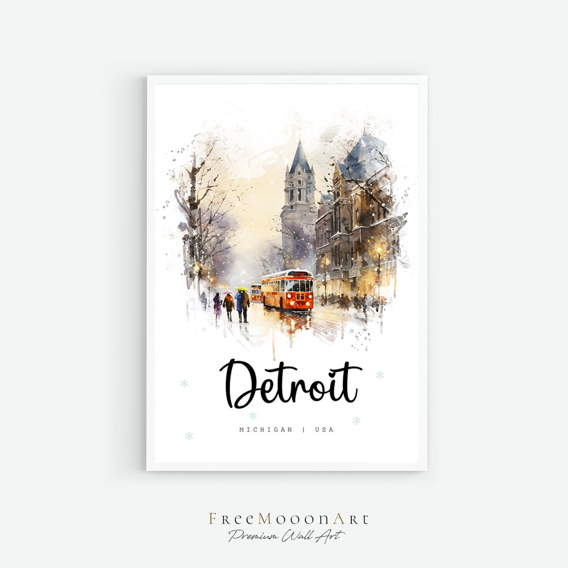 Detroit Michigan Travel Poster Detroit City Print Michigan Wall Art Decor Usa Prints Print Detroit Watercolor Painting