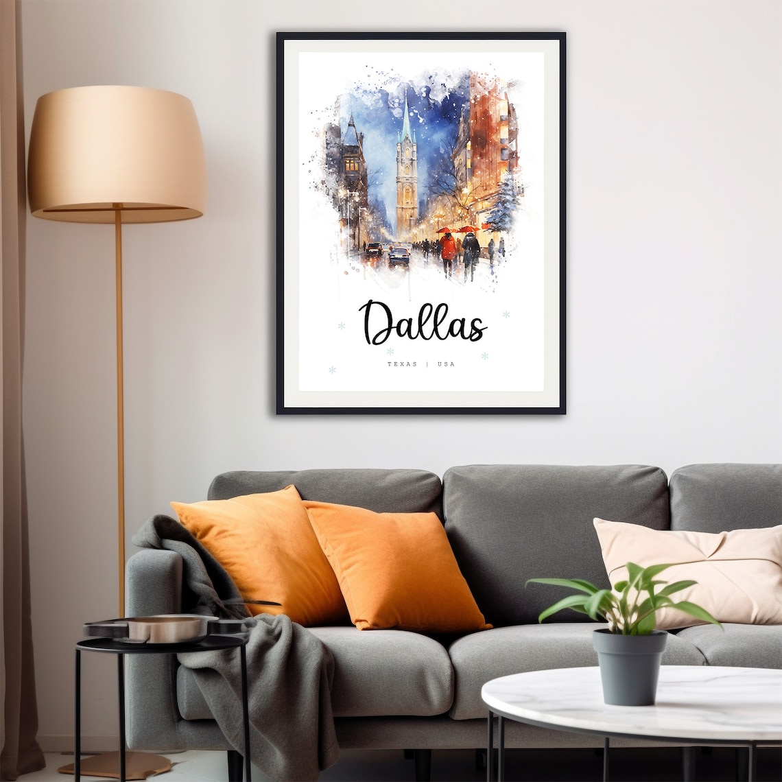 Dallas Texas Winter Watercolor Snowy Street Scene Travel Poster - Image 4