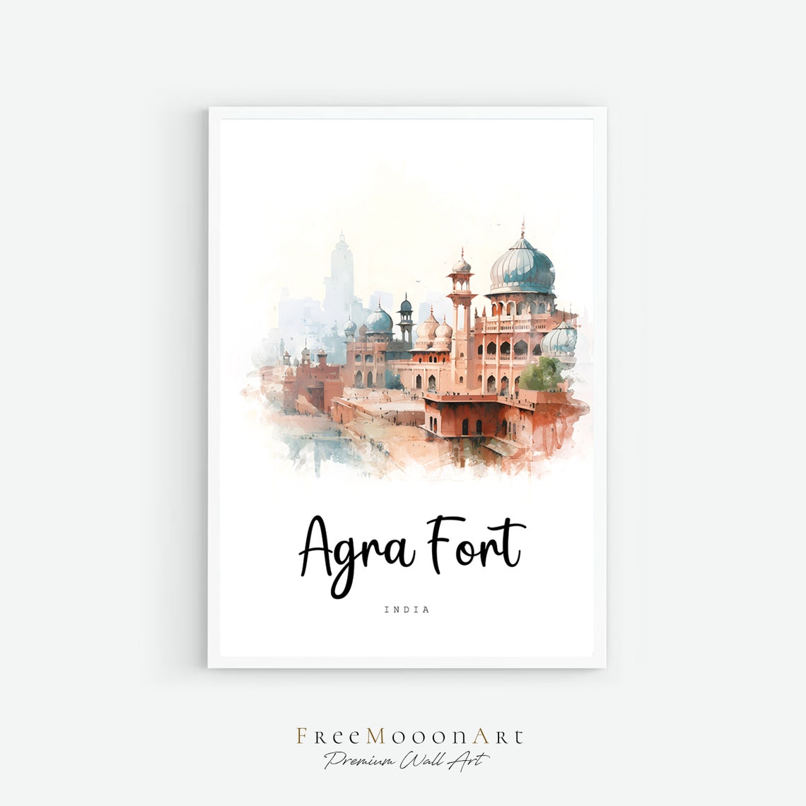 Agra Fort India Watercolor Travel Poster Mughal Architecture Art