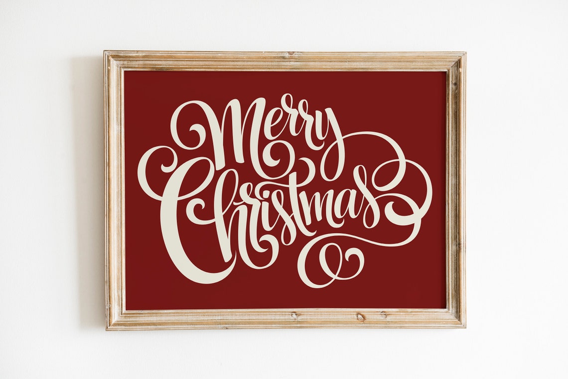 Merry Christmas Script Typography Holiday Sign Cream on Red Wall Art - Image 2
