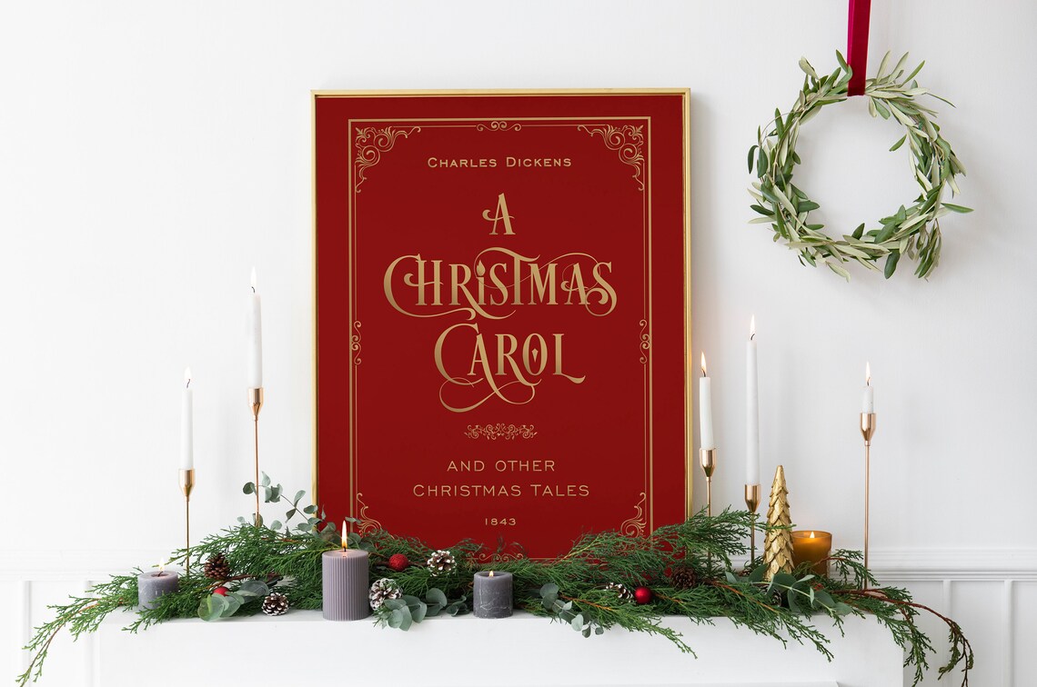 A Christmas Carol Charles Dickens Red Gold Book Cover Holiday Print - Image 4