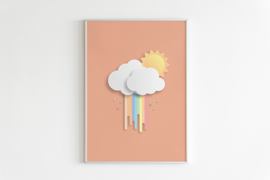 Rainbow Paper Cut Clouds Sun and Rain Peach Nursery Art Poster - Image 2