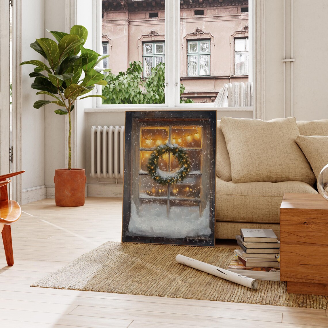 Christmas Wreath On Window Snowy Night Warm Glowing Lights Art Print - Image 2