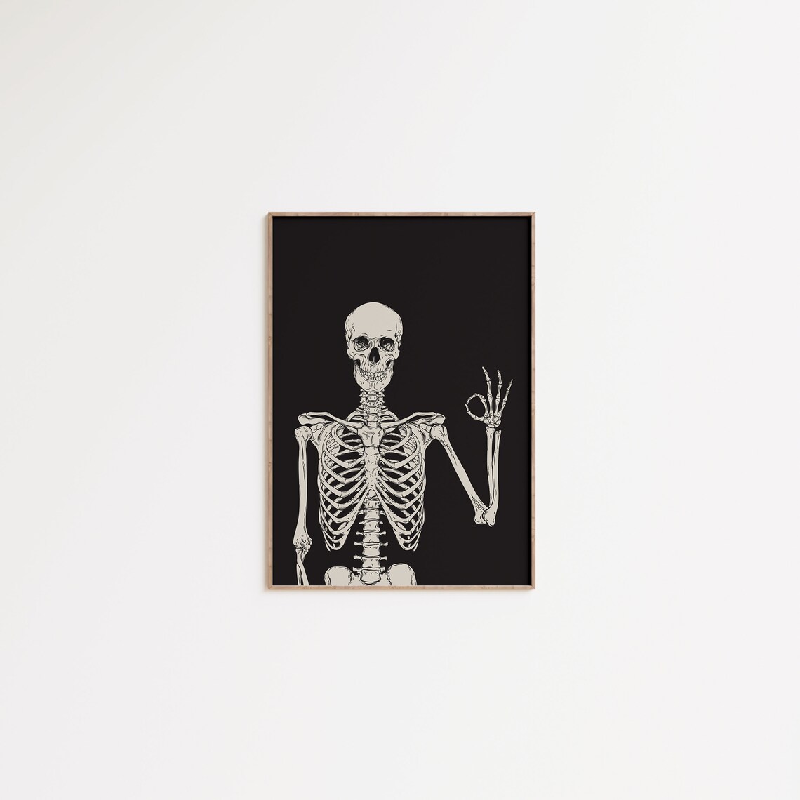 Skeleton Okay Hand Gesture Funny Halloween Skull Sketch Black White Wall Poster - Image 2