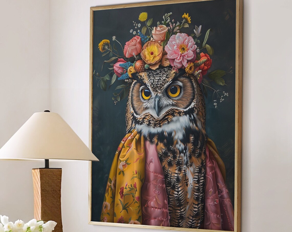Owl Flower Crown Portrait Floral Cape Maximalist Bird Wall Art