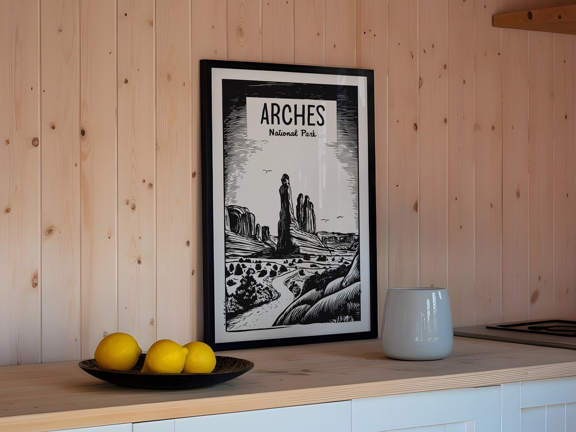 Arches National Park Woodcut Style Black White Desert Travel Poster