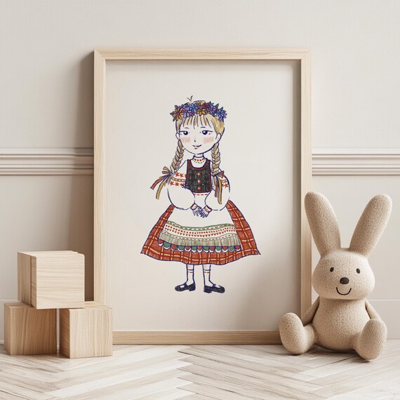 Handdrawn Swedish Folk Costume Girl Flower Crown Nursery Print