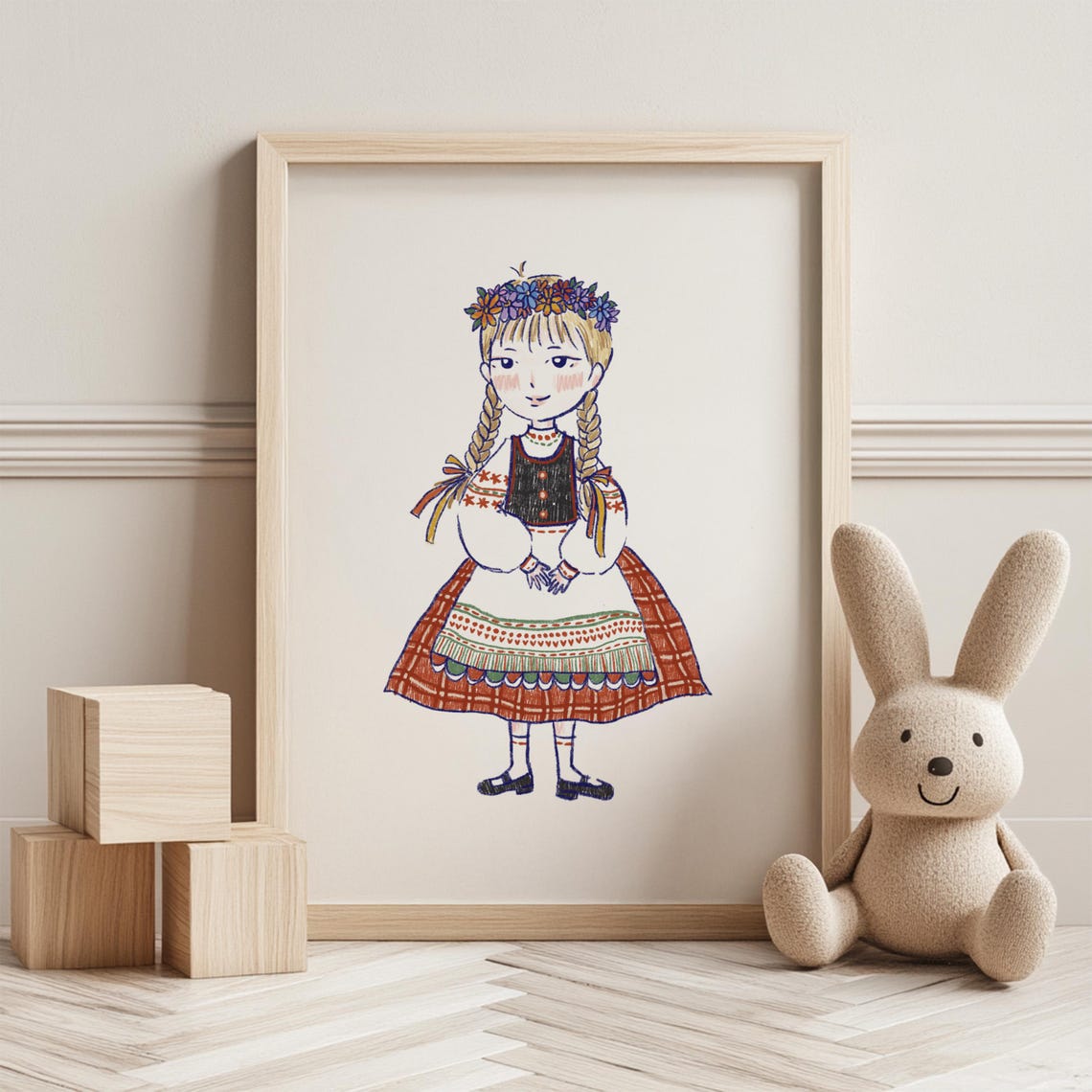 Handdrawn Swedish Folk Costume Girl Flower Crown Nursery Print