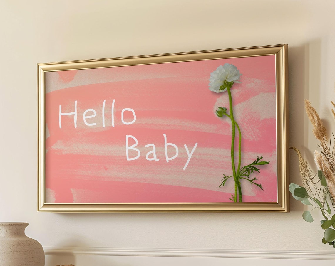 Frame Tv Art Baby Shower Hello Baby Tv Picture Pink Baby Shower Party Decor Minimalist Flower Baby Girl Shower For Tv Screen - Image 2