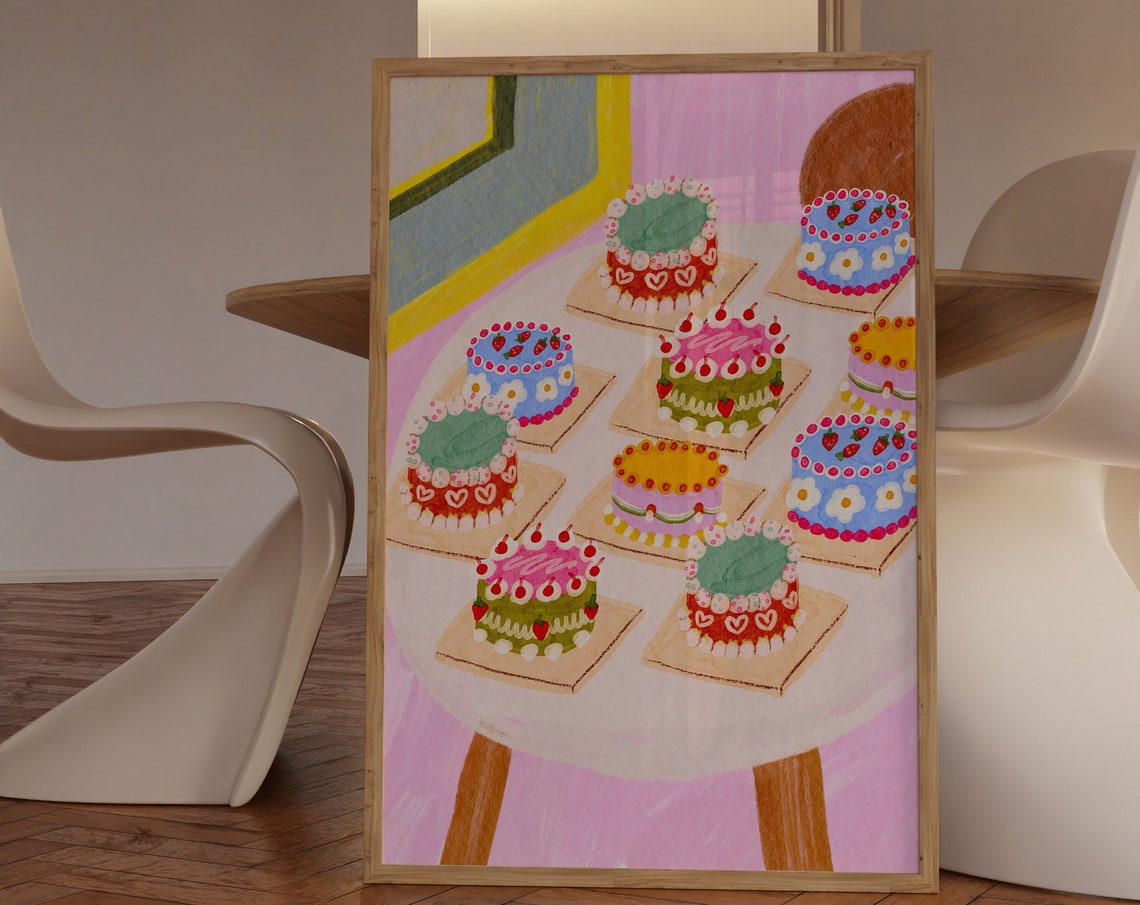 Colorful Birthday Cakes Table Party Celebration Whimsical Poster