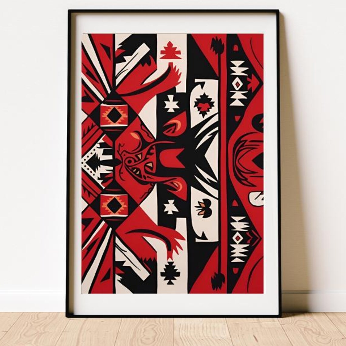 Red Black Ivory Tribal Geometric Diamond Pattern Textile Art Poster